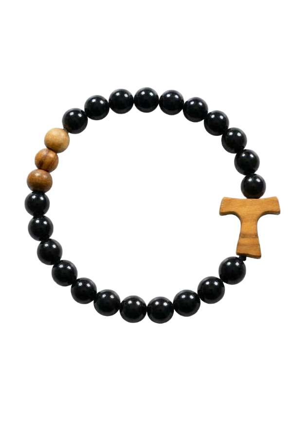 Black Glass & Olive Wood Bead Tau Bracelet