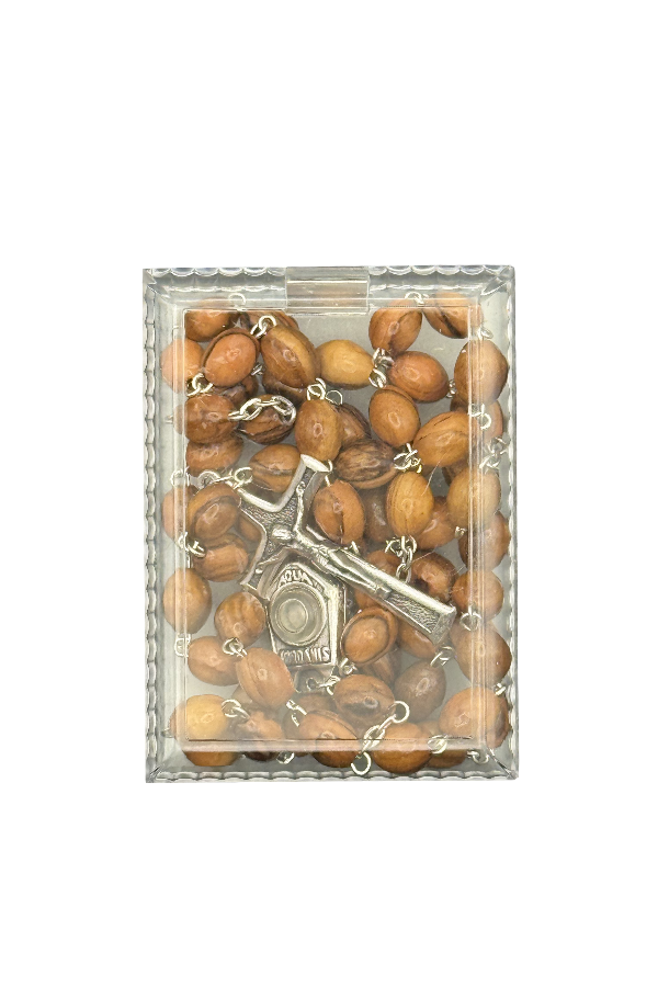 Holy Land Olive Wood Rosary with Jordan River Water Center