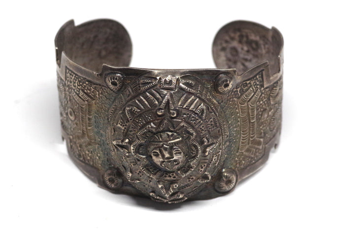 Intricate Aztec Silver Cuff Bracelet