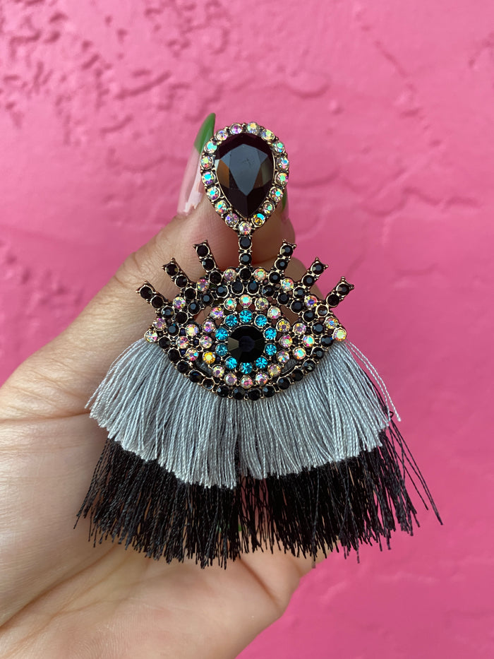 Mal Ojo Black and Silver Tassel Gem Earrings