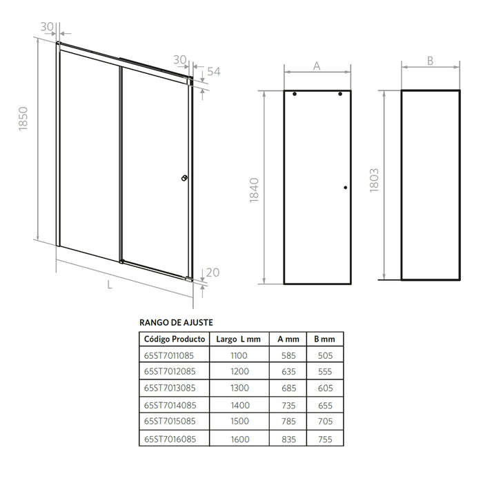 Mampara Corredera Ajustable ±1 cm 120X185 cm Cromo