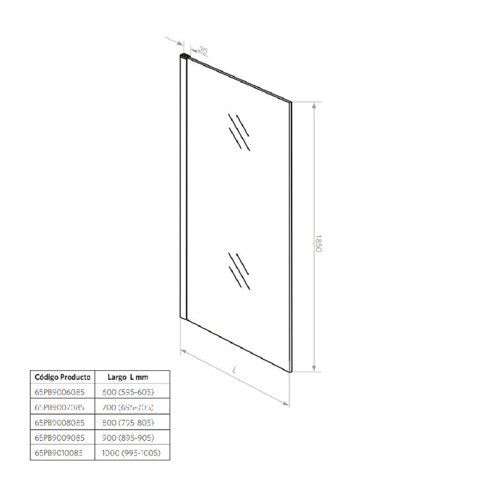 Mampara Fija 60x185 cm Ajustable ±1 cm Cromado
