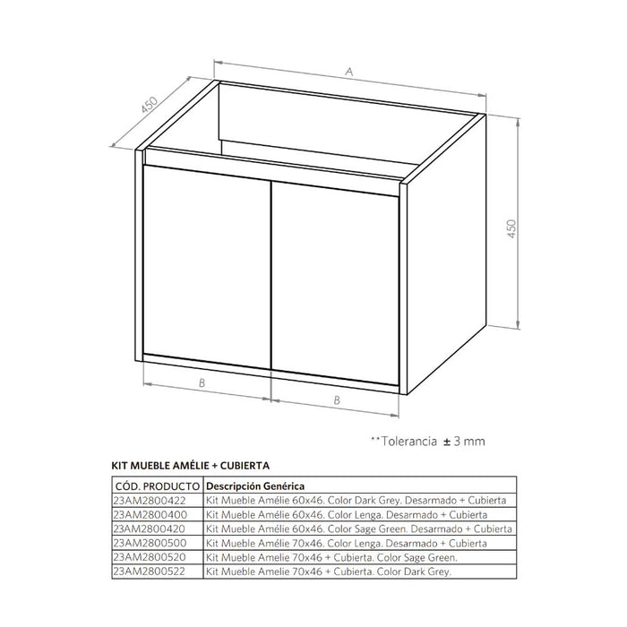 Mueble Vanitorio Amélie Lenga + Cubierta 60x46x50 cm