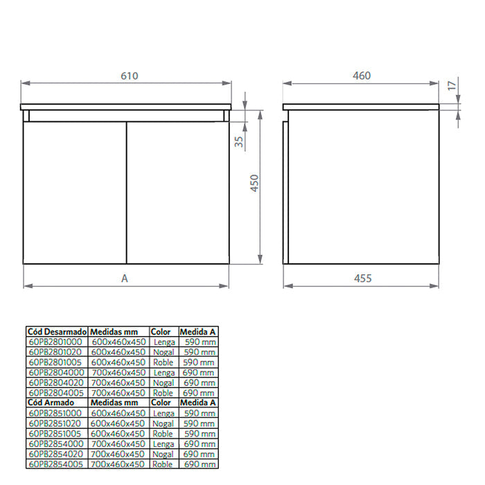 Mueble Vanitorio Ermes Roble + Cubierta 60x46x50 cm