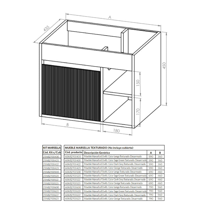 Mueble Vanitorio Marsella Greige Texturado + Cubierta 60x46x50 cm