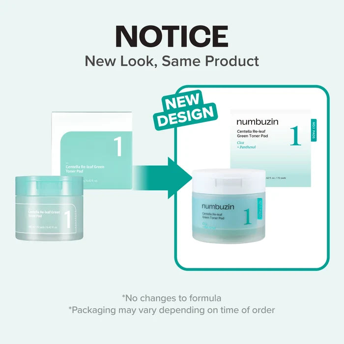 numbuzin No.1 Centella Re-Leaf Green Toner Pad Korean Double-Sided pads for intensive calming of irritated areas. Delivers instant hydration and can be used for gentle wiping to refresh the skin texture. Suitable for sensitive skin