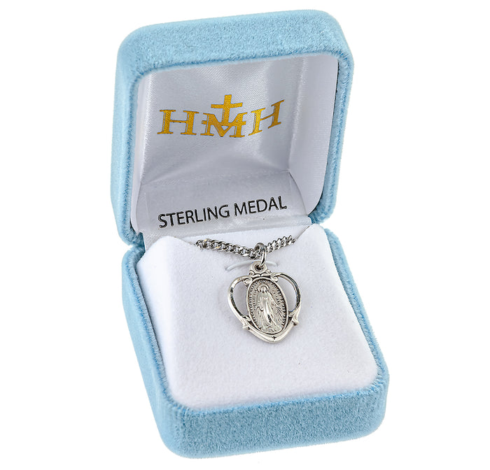 0.8" Sterling Silver Oval Miraculous Medal in Heart