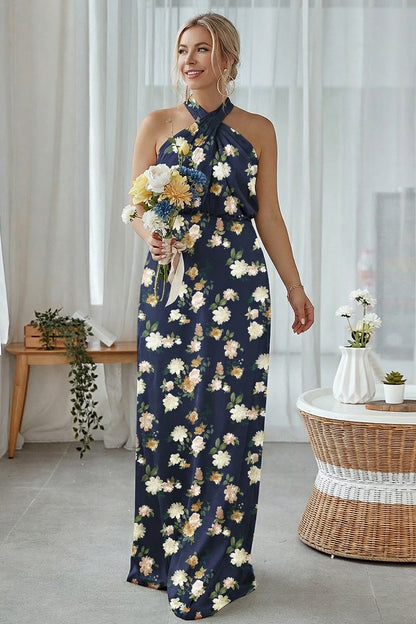 Blue White Floral Plus Size Sheath Halter Long Bridesmaid Dress