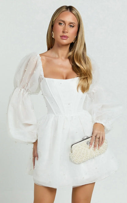 Ingrid Mini Dress - Long Puff Sleeve Pearl Detail Dress in White