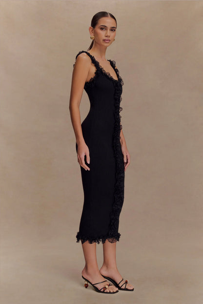 Shay Lace Ruffle Knit Midi Dress - Black