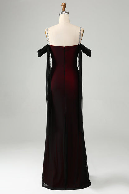 Plus Size Sparkly Black Red Cold Shoulder Mermaid Long Bridesmaid Dress