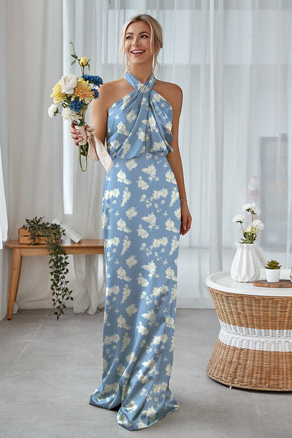Floral Navy Bloom Plus Size Sheath Halter Long Bridesmaid Dress