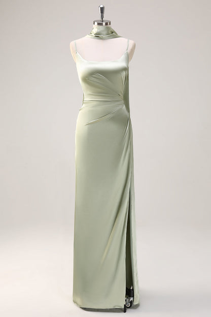 Plus Size Dusty Sage Sheath Spaghetti Straps Satin Long Bridesmaid Dress with Slit
