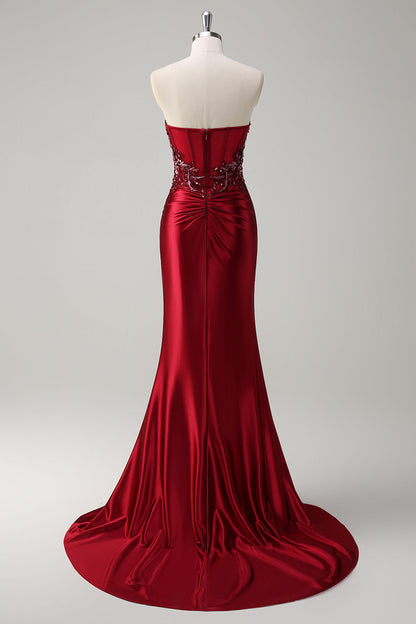 Plus Size Sparkly Burgundy Floral Mermaid Long Corset Prom Dress with Slit