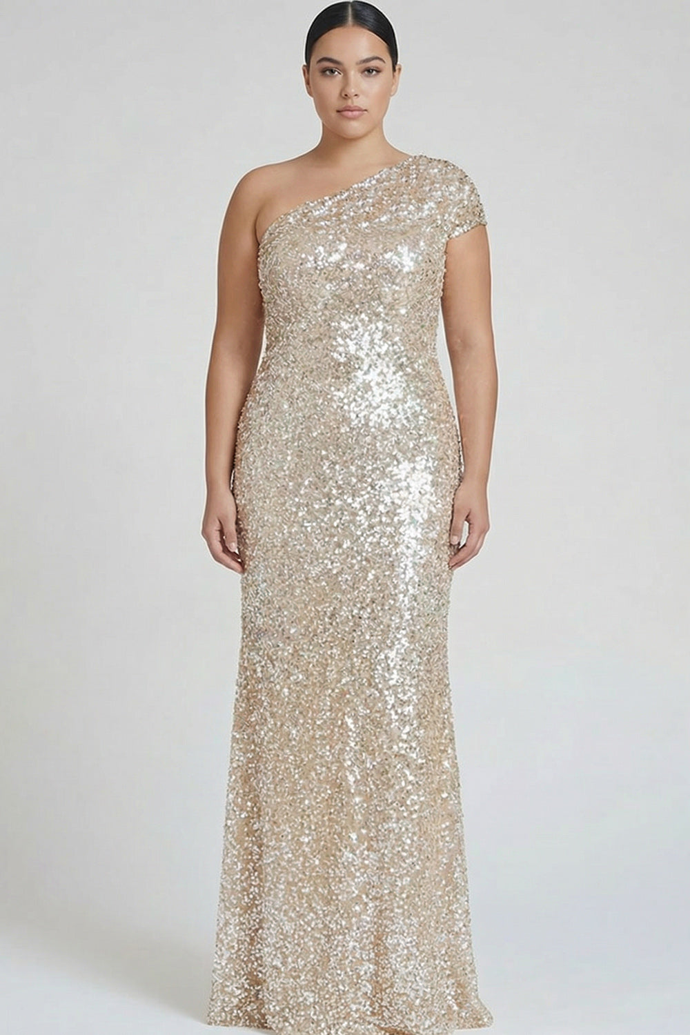 Plus Size Sparkly Champagne One Shoulder Mermaid Long Formal Dress with Sequins