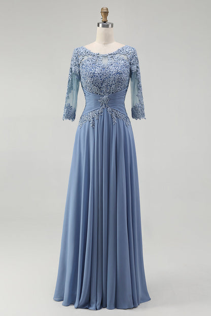 Dusty Blue Plus Size Illusion Neck Long Mother of the Bride Dress
