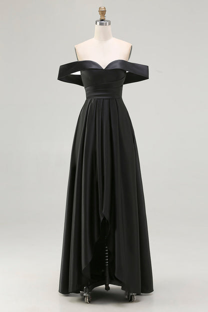 Black Plus Size Satin Off the Shoulder Long Formal Dress with Slit