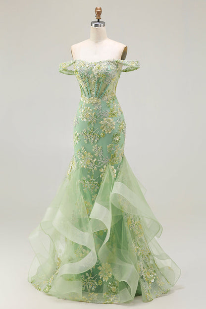 Sparkly Floral Blush Plus Size Mermaid Ruffled Long Corset Prom Dress