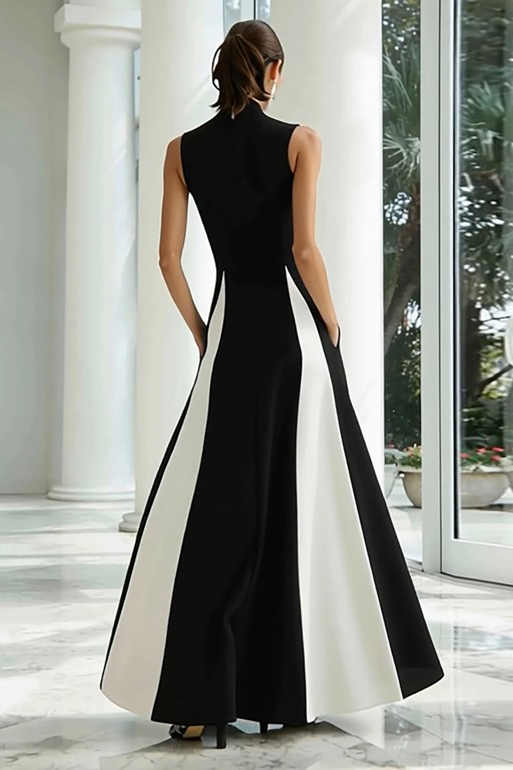 Plus Size Black and White High Neck A Line Long Formal Dress