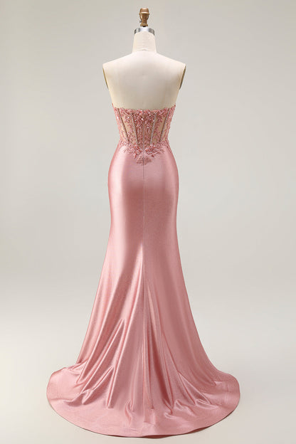 Plus Size Sparkly Blush Mermaid Corset Long Prom Dress with Slit