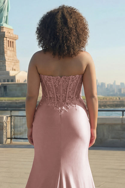 Plus Size Sparkly Blush Mermaid Corset Long Prom Dress with Slit