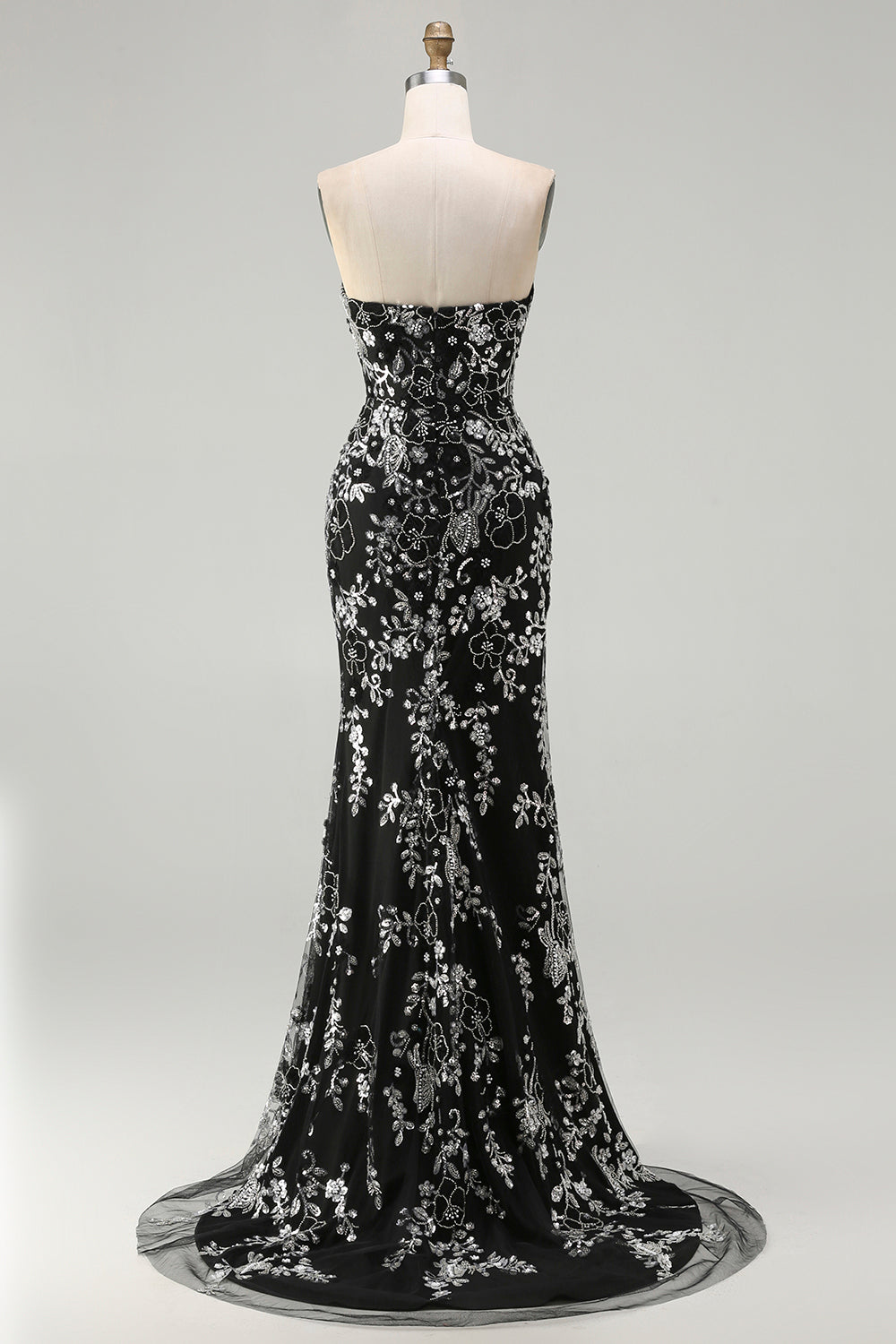 Plus Size Sparkly Black Floral Strapless Mermaid Long Prom Dress with Beading
