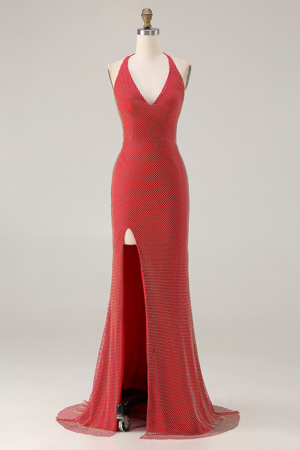 Plus Size Sparkly Red Beaded Halter Mermaid Long Prom Dress with Slit