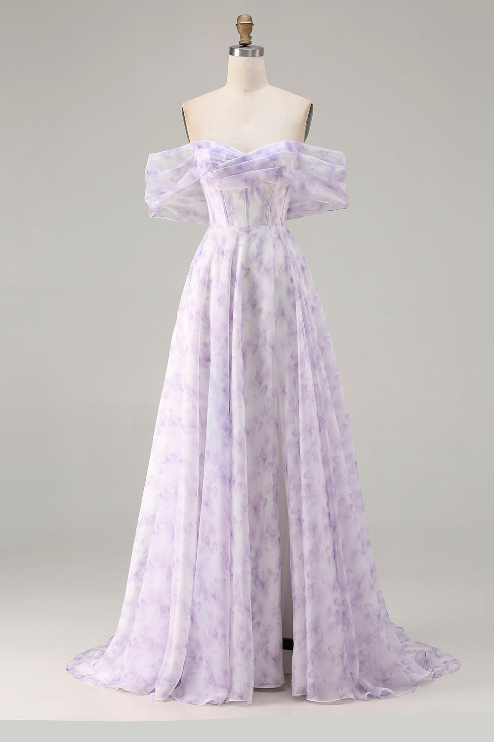 Floral Lilac Plus Size A Line Off the Shoulder Long Corset Prom Dress with Slit