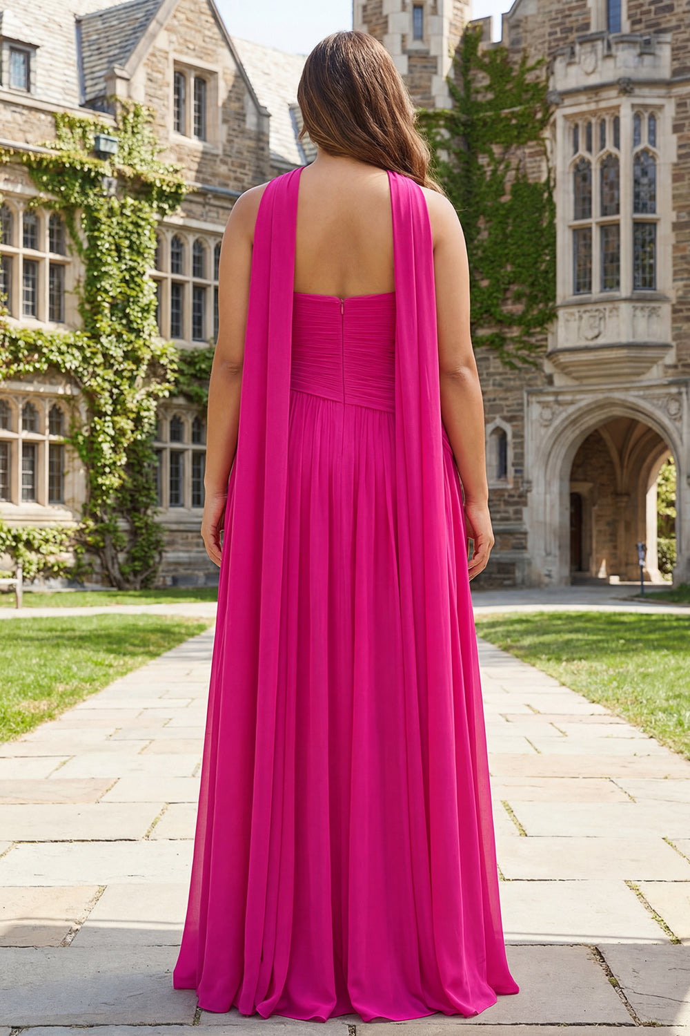 Plus Size Fuchsia Strapless Pleated Neck Scarf A Line Long Prom Dress