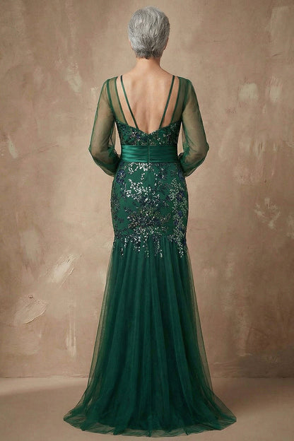 Sparkly Plus Size Dark Green Floral Appliqued Mermaid Long Sleeves Mother of the Bride Dress