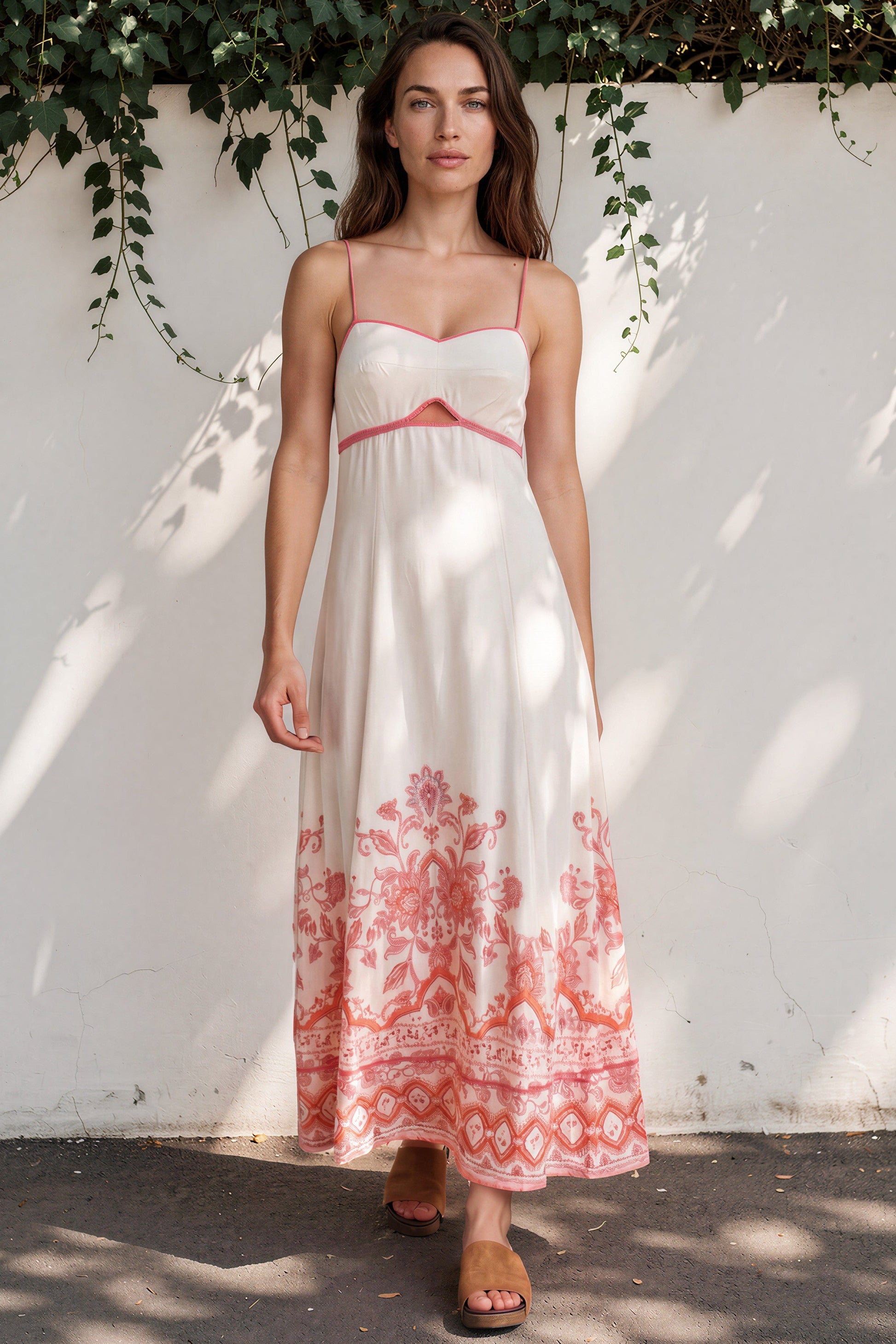 Aviva Maxi Dress - Spaghetti Strap A-Line Cut Out Detail Dress in Tawny Print
