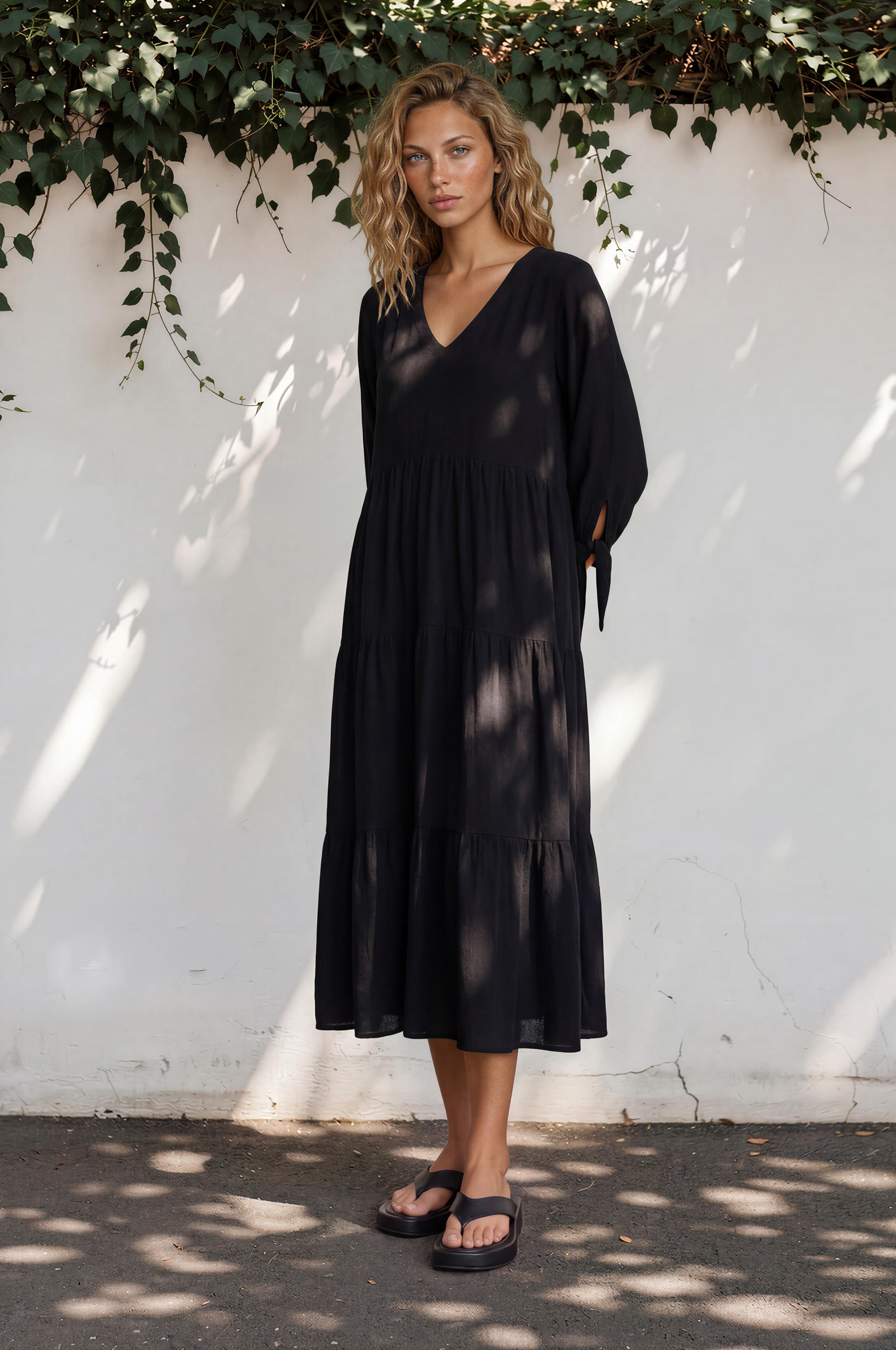 Elisabette Midi Dress - V-Neck Tiered Linen Dress with 3/4 Tie Cuff Sleeves in Black