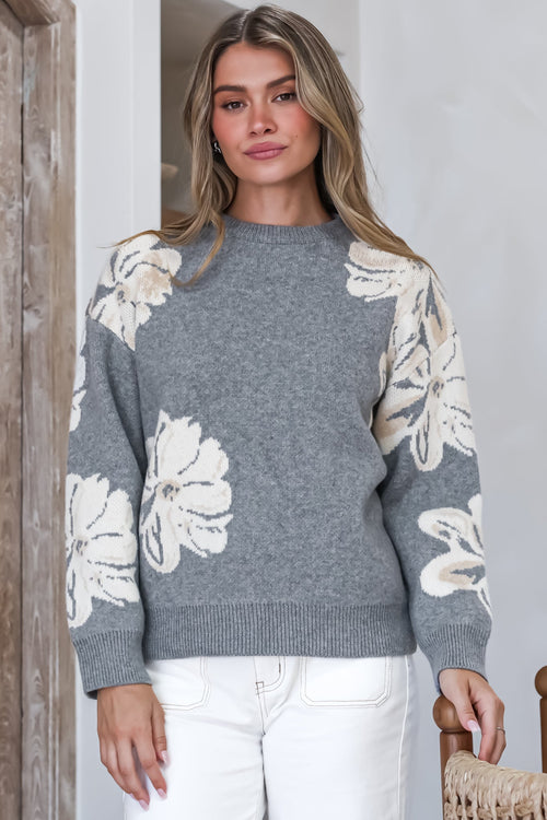 Breezy Jumper - Crew Neck Long Sleeve Floral Knit with Ribbed Hemlines in Gray