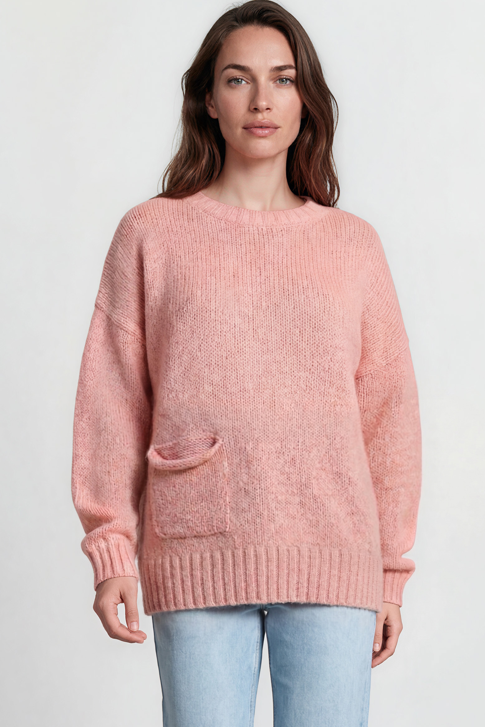 Caesar Jumper - Crew Neck Long Knit with Pocket and Ribbed Hemlines in Pink