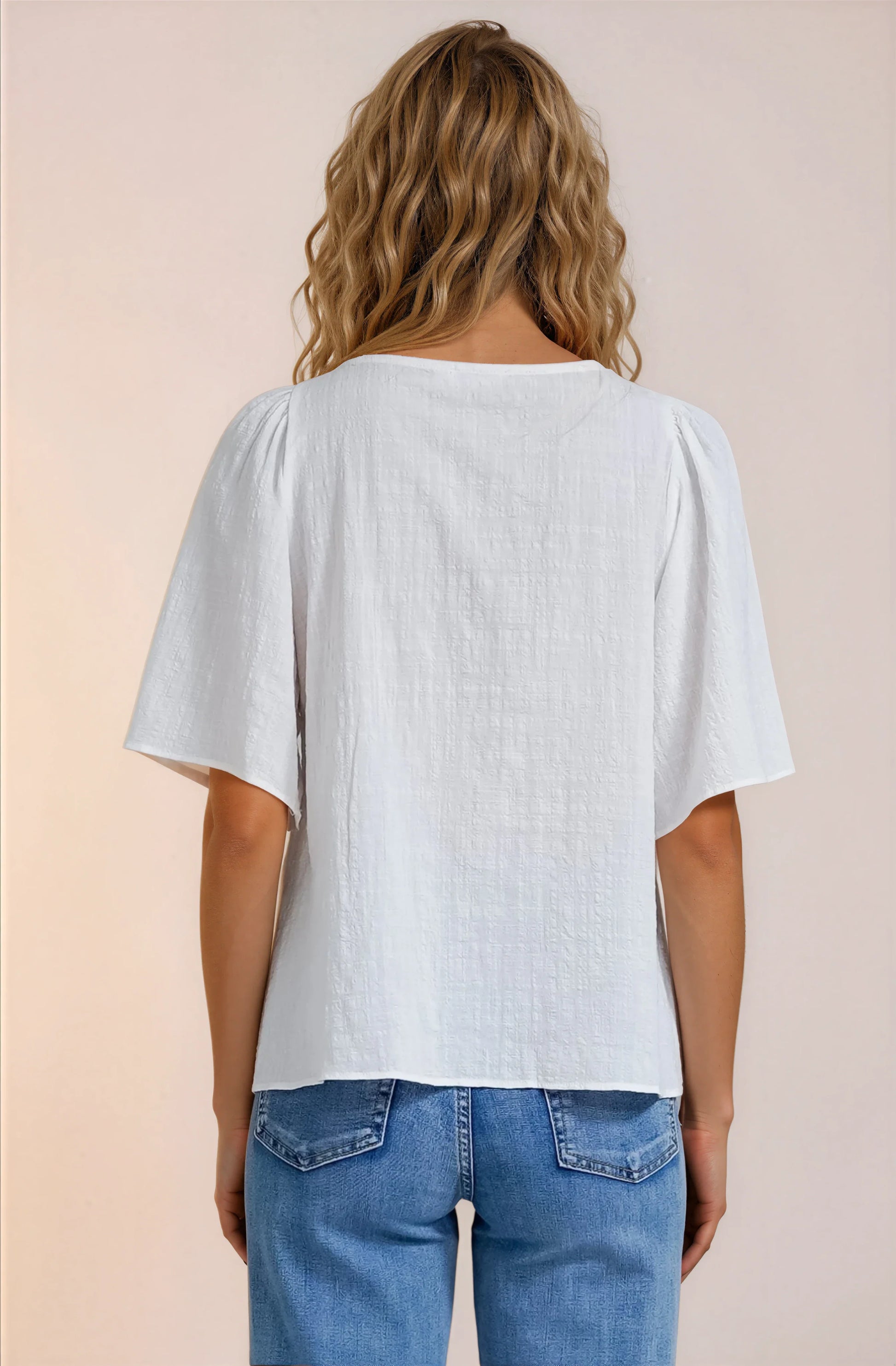 Casita Top - Scoop Neck Textured Babydoll Top with Flutter Sleeves in White
