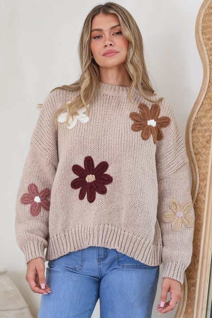 Wildflower Jumper - Chunky Knit with Flower Decals in Taupe Multi