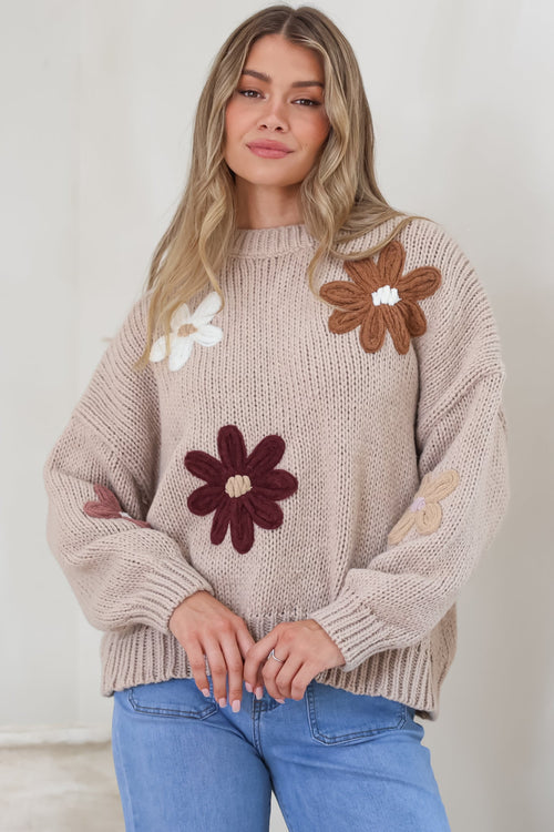 Wildflower Jumper - Chunky Knit with Flower Decals in Taupe Multi