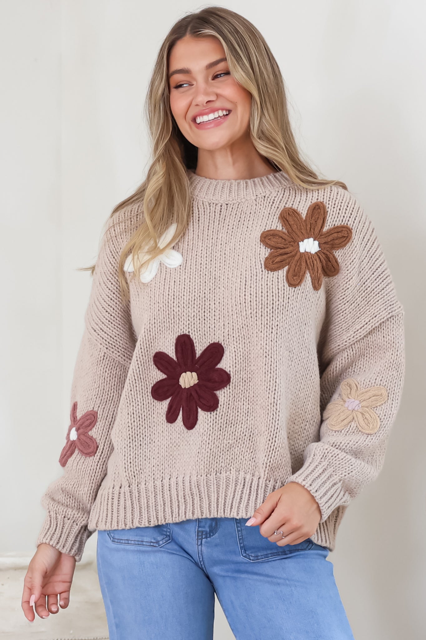Wildflower Jumper - Chunky Knit with Flower Decals in Taupe Multi