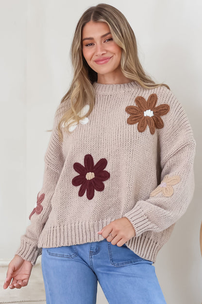 Wildflower Jumper - Chunky Knit with Flower Decals in Taupe Multi