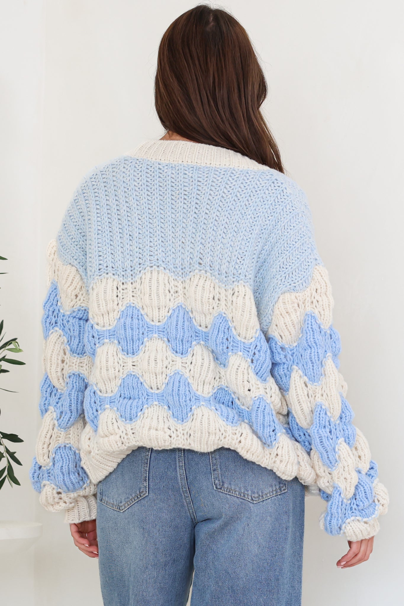 Deborah Cardigan - Relaxed Button Front Stripe Bubble Knit in Blue