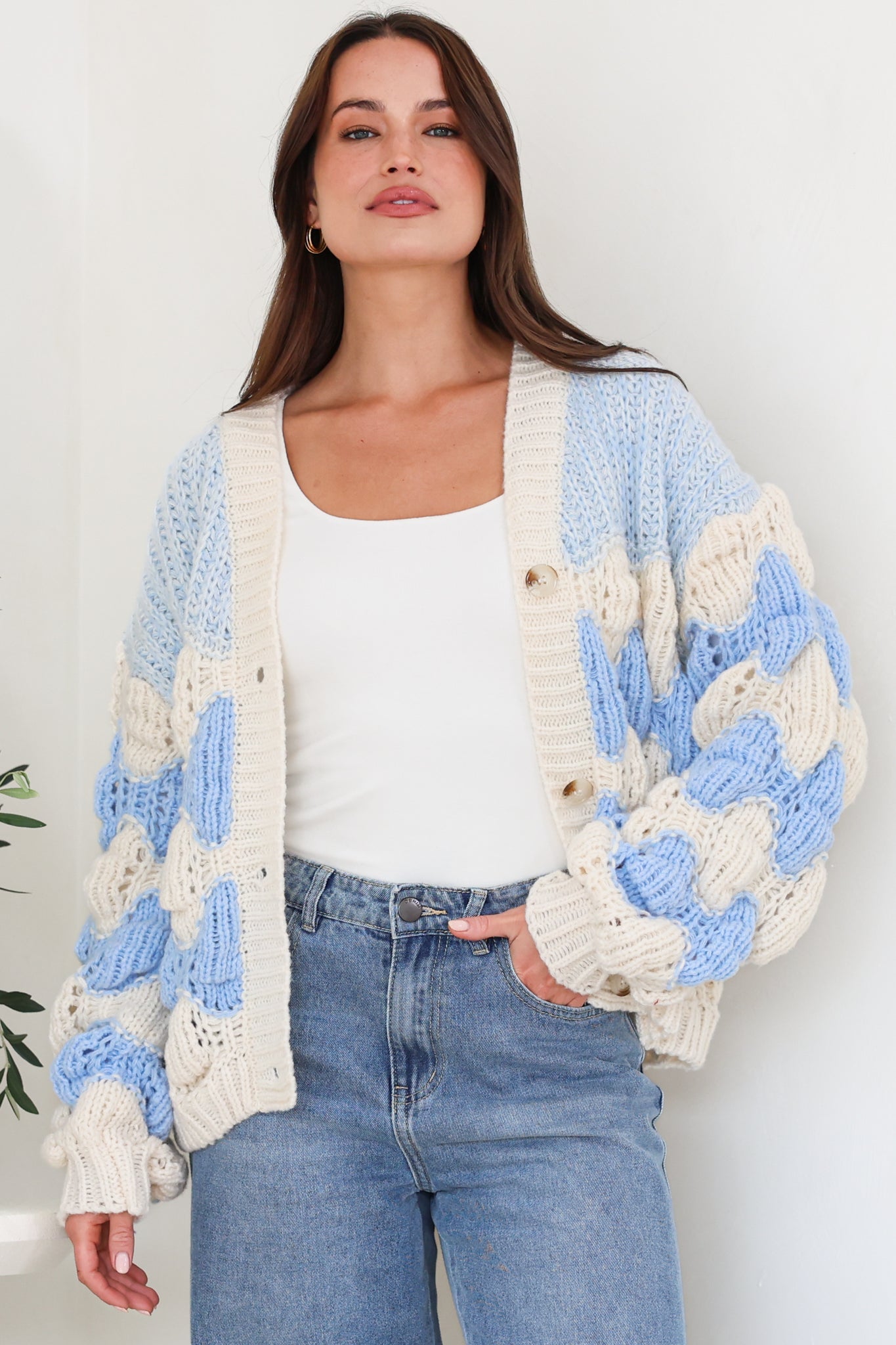 Deborah Cardigan - Relaxed Button Front Stripe Bubble Knit in Blue