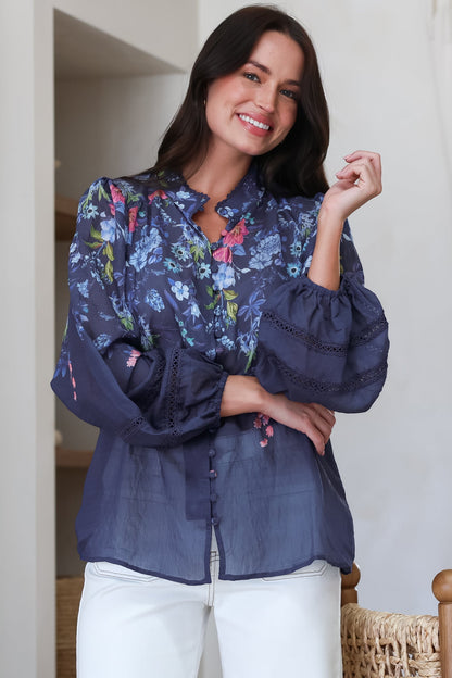 Diandra Blouse - Lace Trim Mandarin Collar Button Down with Balloon Sleeves in Elsie Print