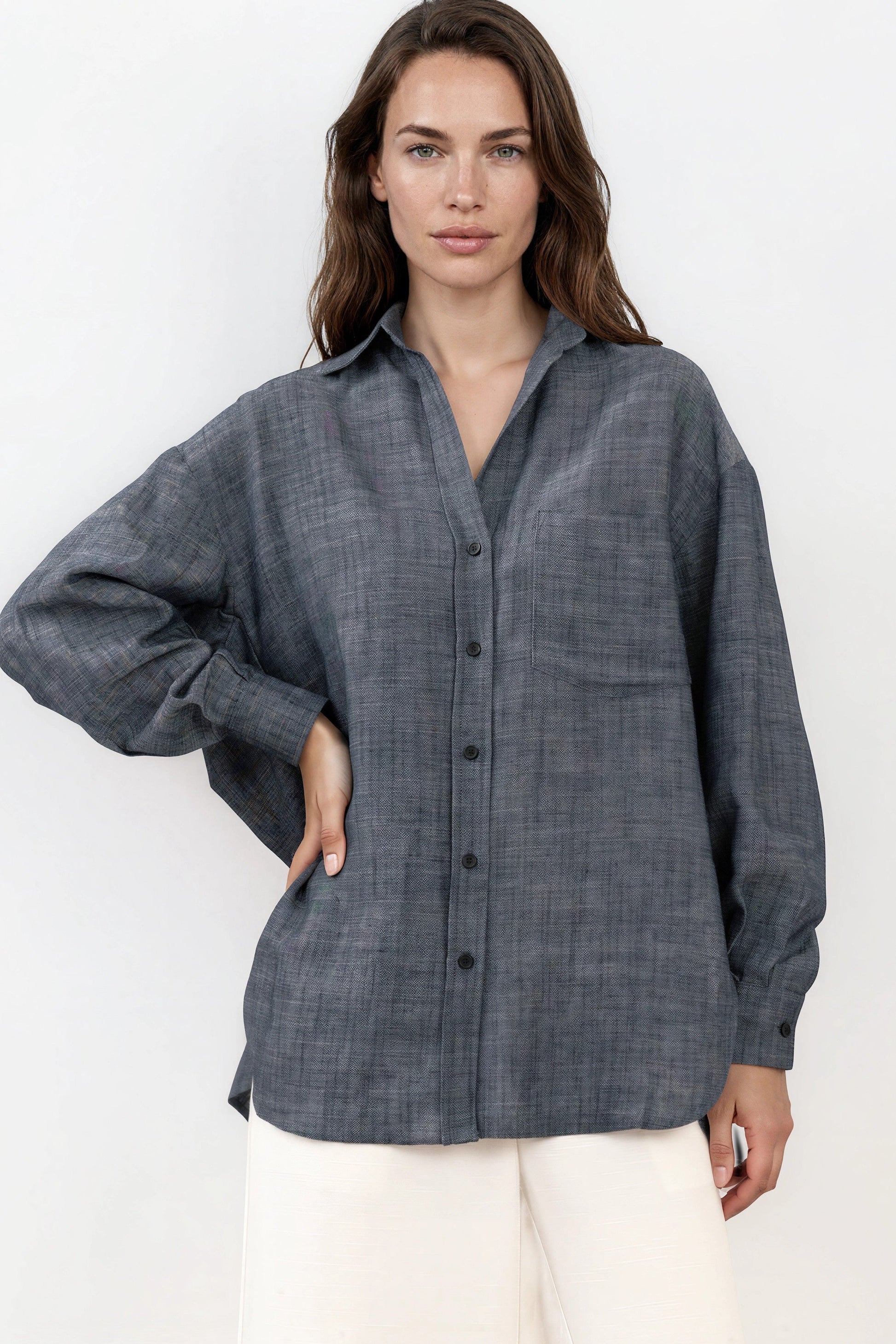 Doran Shirt - Oversized Buttoned Down Shirt with High Low Scoop Hemline in Indigo