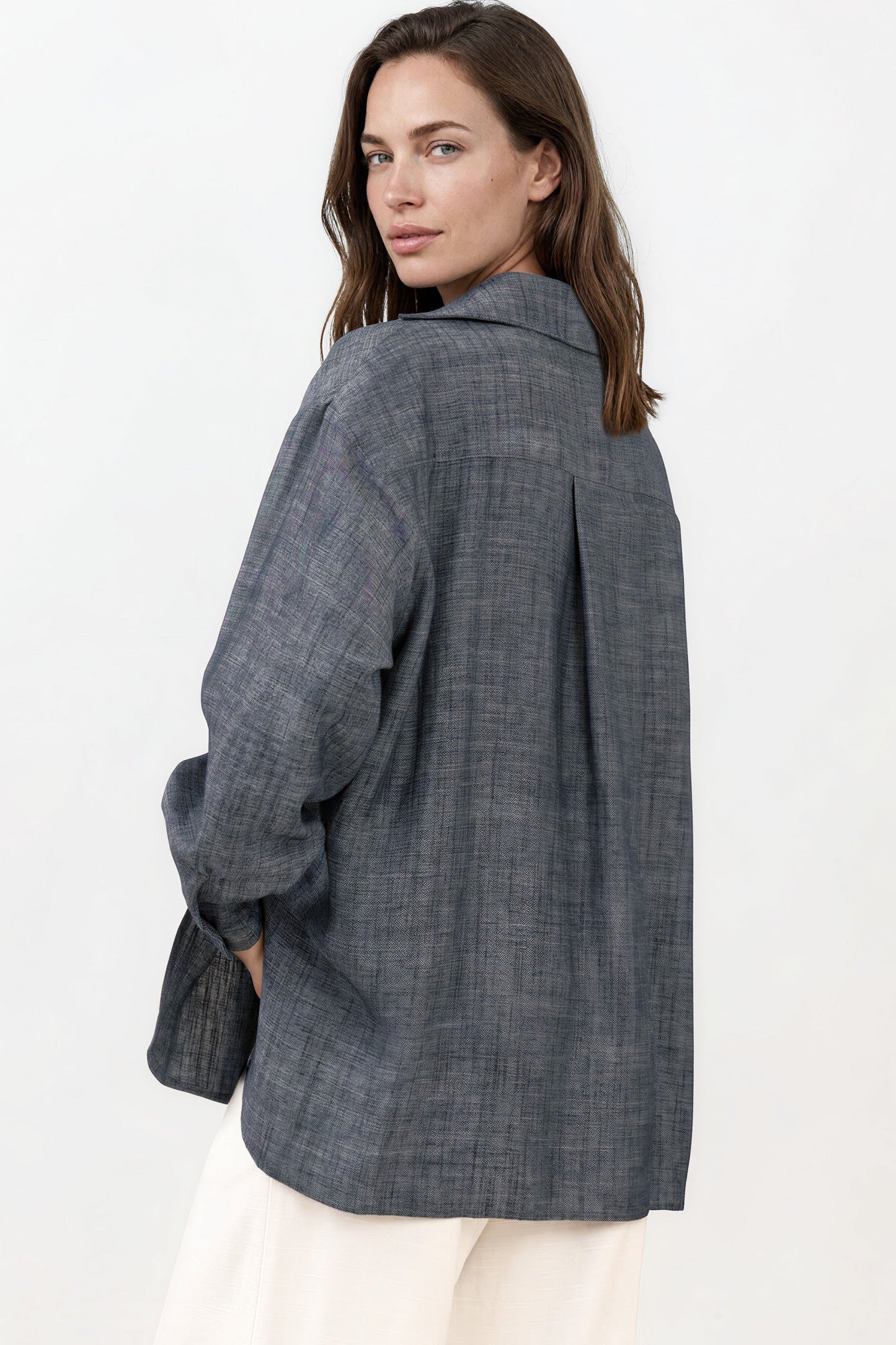 Doran Shirt - Oversized Buttoned Down Shirt with High Low Scoop Hemline in Indigo