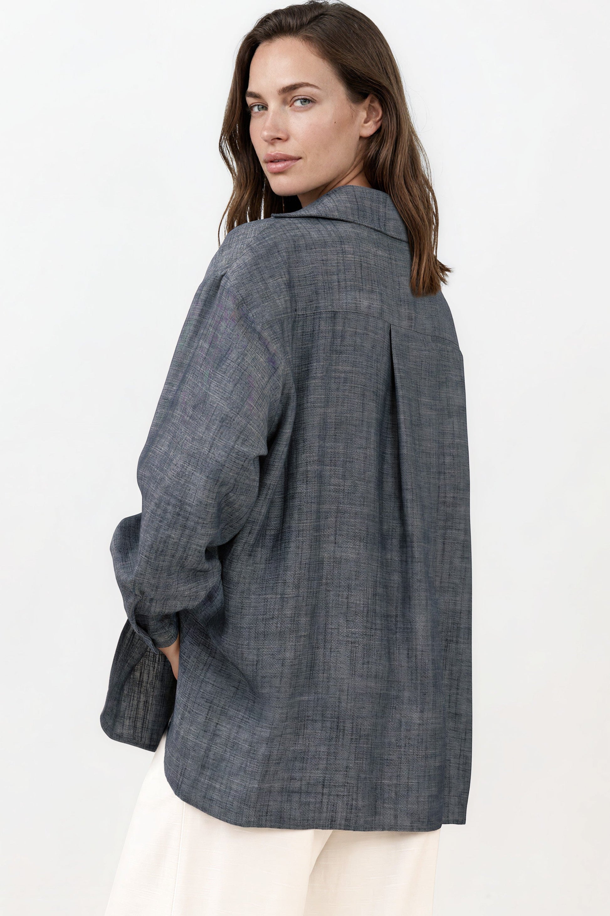 Doran Shirt - Oversized Buttoned Down Shirt with High Low Scoop Hemline in Indigo