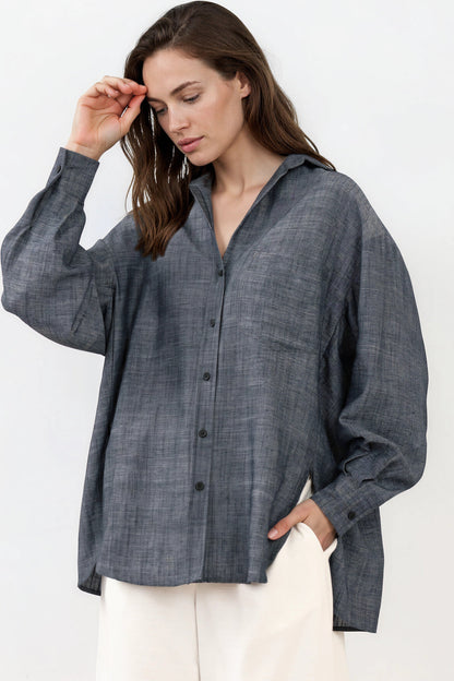 Doran Shirt - Oversized Buttoned Down Shirt with High Low Scoop Hemline in Indigo