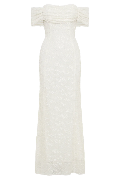 Priyanka Daisy Beaded Off Shoulder Wedding Gown - White