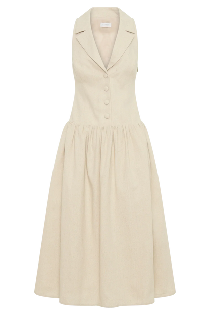 Valery Linen Midi Collar Dress - Natural