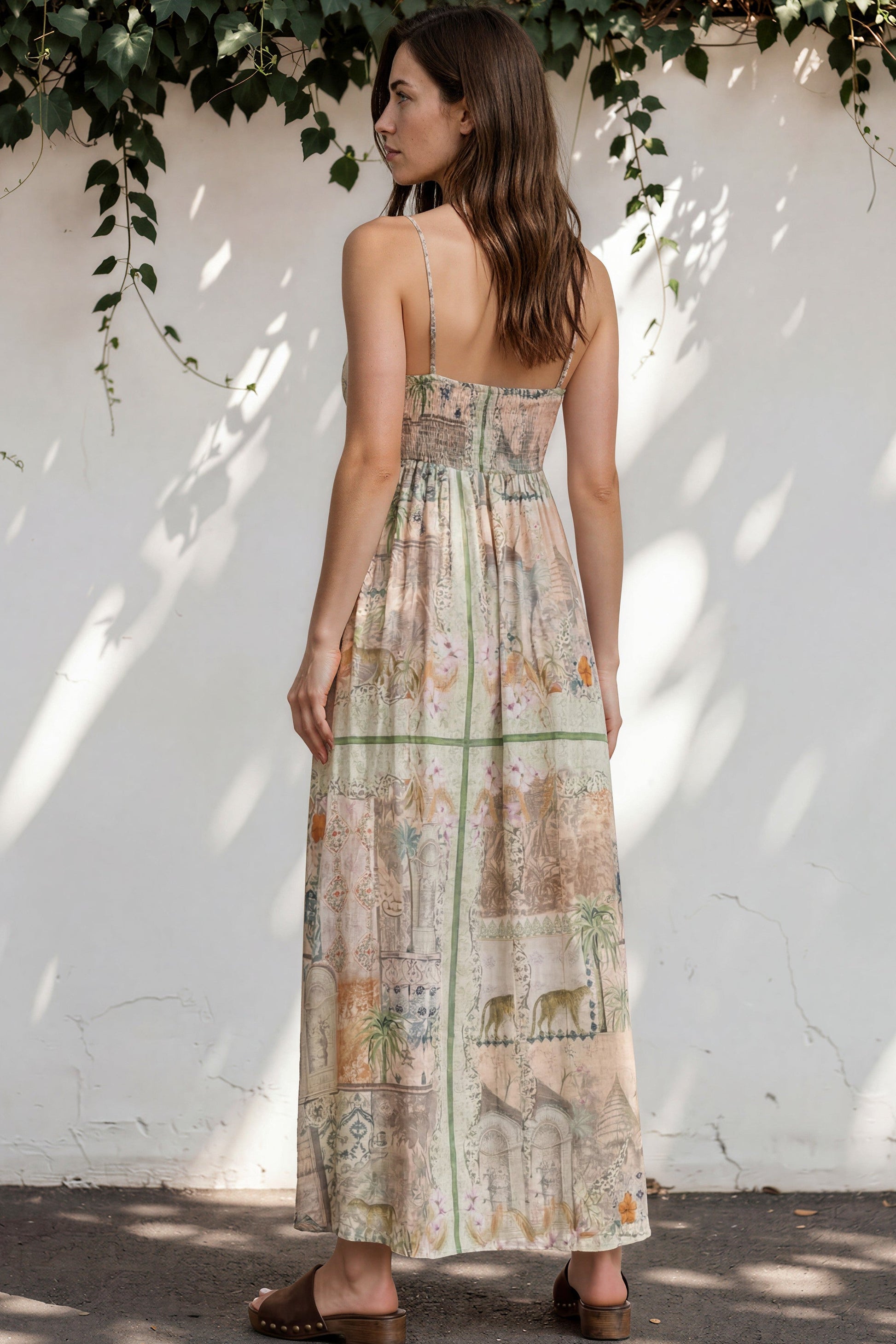 Gretal Maxi Dress - Sqaure Neck A-Line Dress with Adjustable Spaghetti Straps in Tempest Print