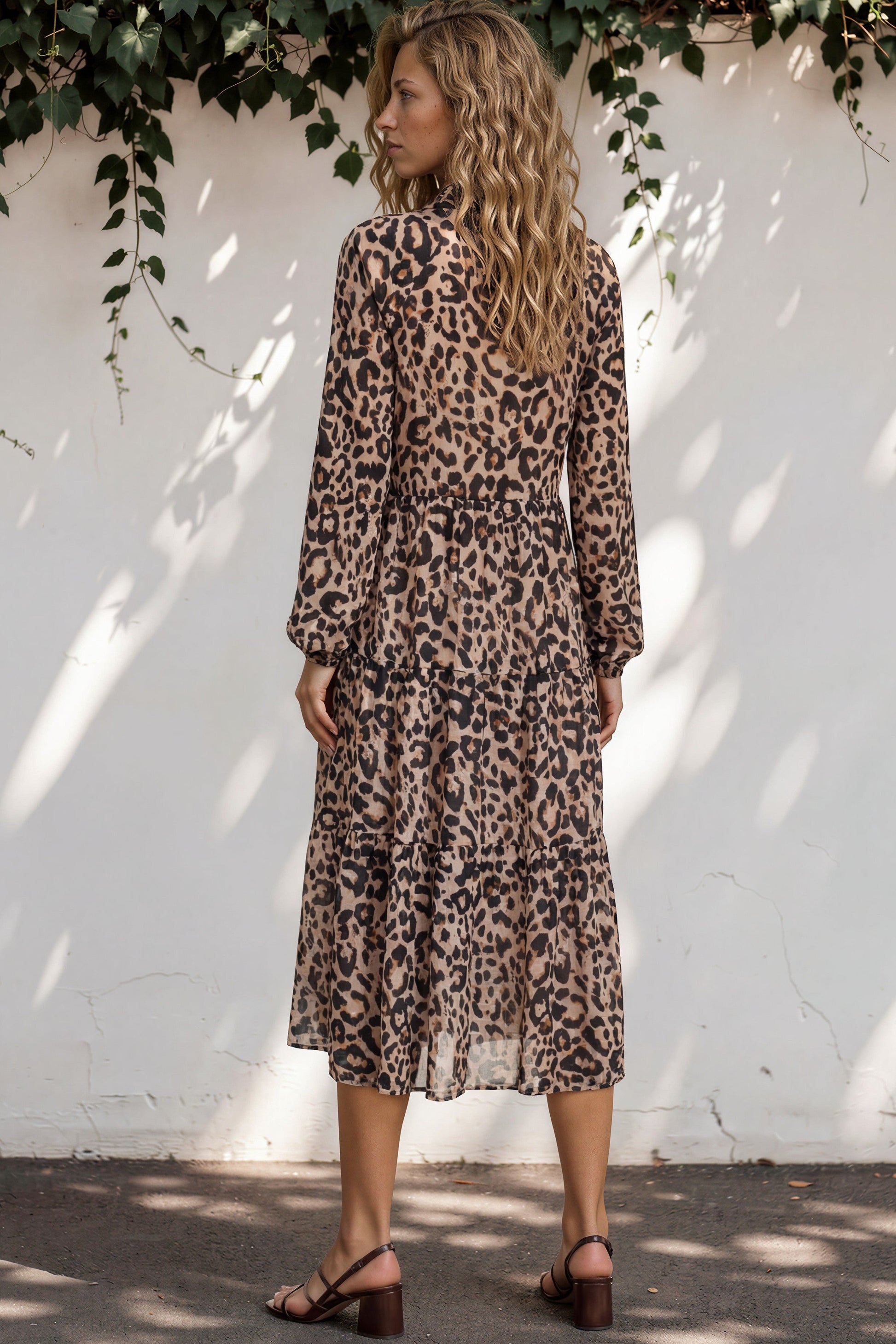 Lexi Midi Dress - Wing Collar Button Down Tiered Smock Dress with Balloon Sleeves in Solaro Print